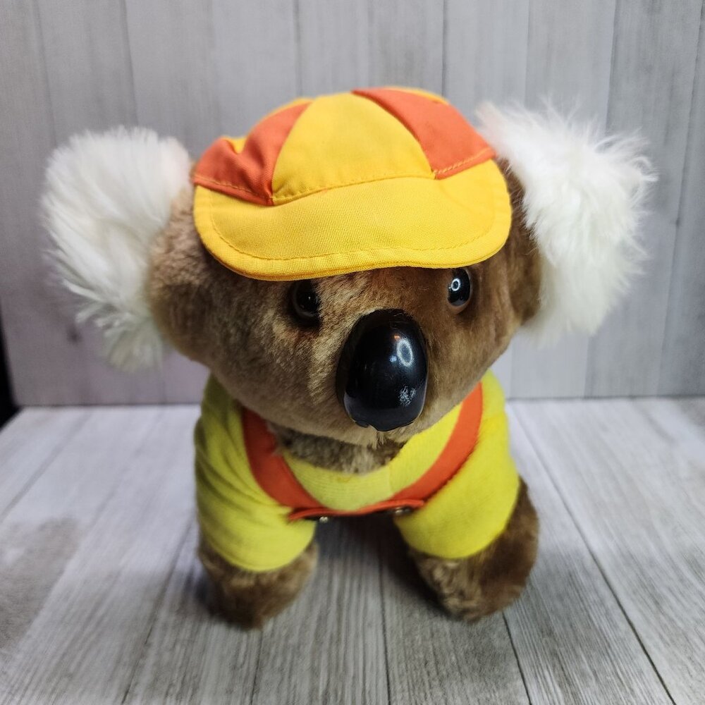 Vintage Interpur Koala Bear Plush Orange Overall & Hat Stuffed Animal Toy 1985